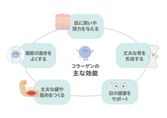 中央のコラーゲンを囲むように、肌の潤いや弾力、丈夫な骨、目の健康、丈夫な腱や筋肉、関節の動きに関する5つの働きがイラスト付きで配置された、エイジングケアの解説図です。