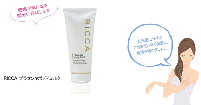 白い背景にボディミルクのチューブと腕に塗る女性のイラストが並び、入浴後のボディケア方法と「RICCA プラセンタボディミルク」と書かれています。