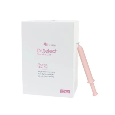 白い背景に、白と淡いピンクの「Dr.Select Feminine Care Placenta Clear Gel」20本入りの箱とピンク色のアプリケーターが並んでいます。
