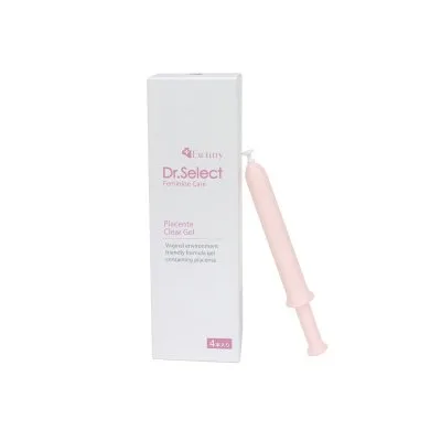 白い背景に、白と淡いピンクの「Dr.Select Feminine Care Placenta Clear Gel」4本入りの箱とピンク色のアプリケーターが並んでいます。