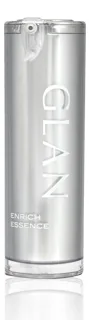白い背景に銀色の円筒形ボトルが立ち、「GLAN ENRICH ESSENCE」と書かれています。