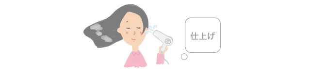 女性が髪にドライヤーを当てて乾かしている「仕上げ」と書かれたイラストです。