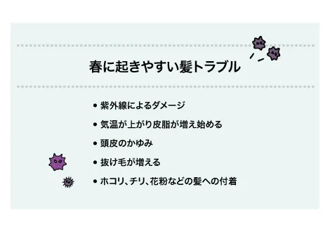 水色の背景に紫外線によるダメージや頭皮のかゆみ、抜け毛などをまとめた「春に起きやすい髪トラブル」と書かれた一覧です。