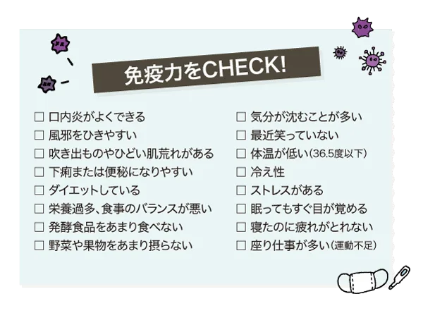 生活習慣や体調からウイルスに負けない体づくりを見直す免疫力チェックリスト