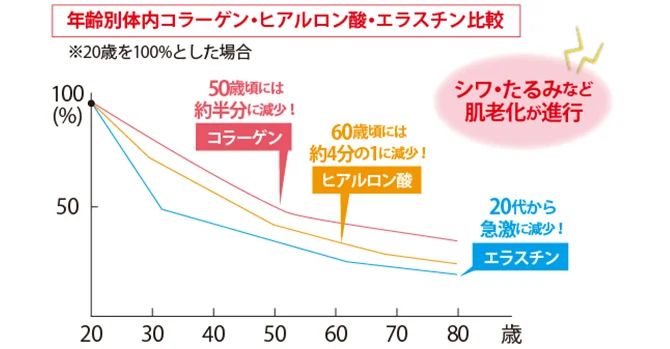 白い背景の折れ線グラフに加齢によるコラーゲン、ヒアルロン酸、エラスチンの減少が示され、シワ＆たるみなどの肌老化が進むと説明されています。