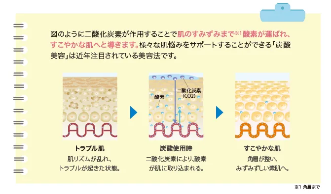 淡い黄色のノート風背景に、「トラブル肌」「炭酸使用時」「すこやかな肌」の3つの肌断面が矢印で並び、二酸化炭素と酸素が肌へ取り込まれる流れが示されています。上部に「二酸化炭素が作用することで肌のすみずみまで酸素が運ばれ、すこやかな肌へと導きます」と書かれた炭酸美容の解説図です。