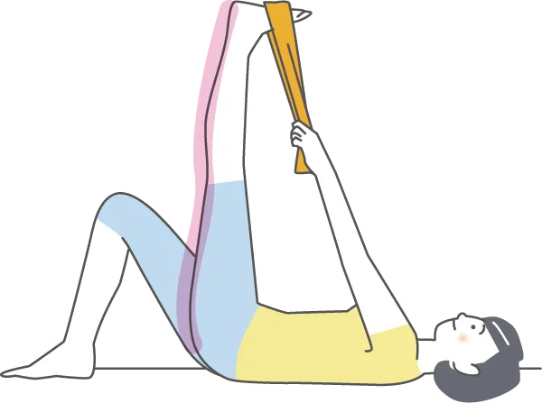 STEP1と同じ体勢で、伸びているもも裏の筋肉部分がピンク色でハイライトされた女性のイラスト