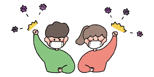 マスクを着けてウイルスに負けない体づくりを応援する子どもたちのイラスト