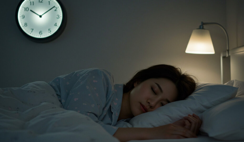 22時を過ぎた夜、壁時計のある寝室で静かに眠る女性