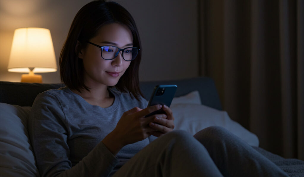 夜の寝室で、ベッドに座りスマートフォンを見る眼鏡の女性