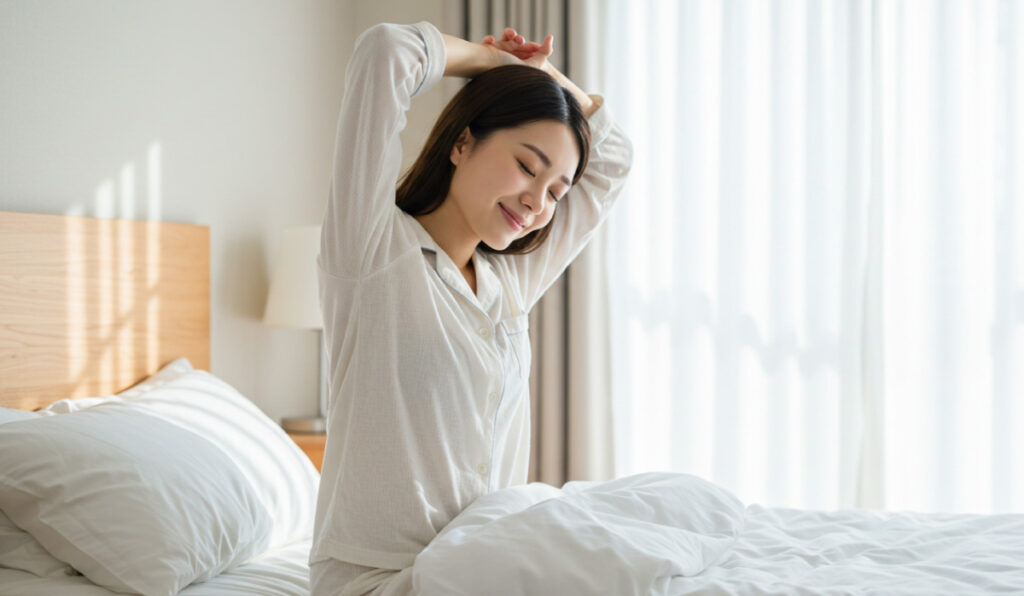朝の明るい寝室で、ベッドの上に座り背伸びをする女性