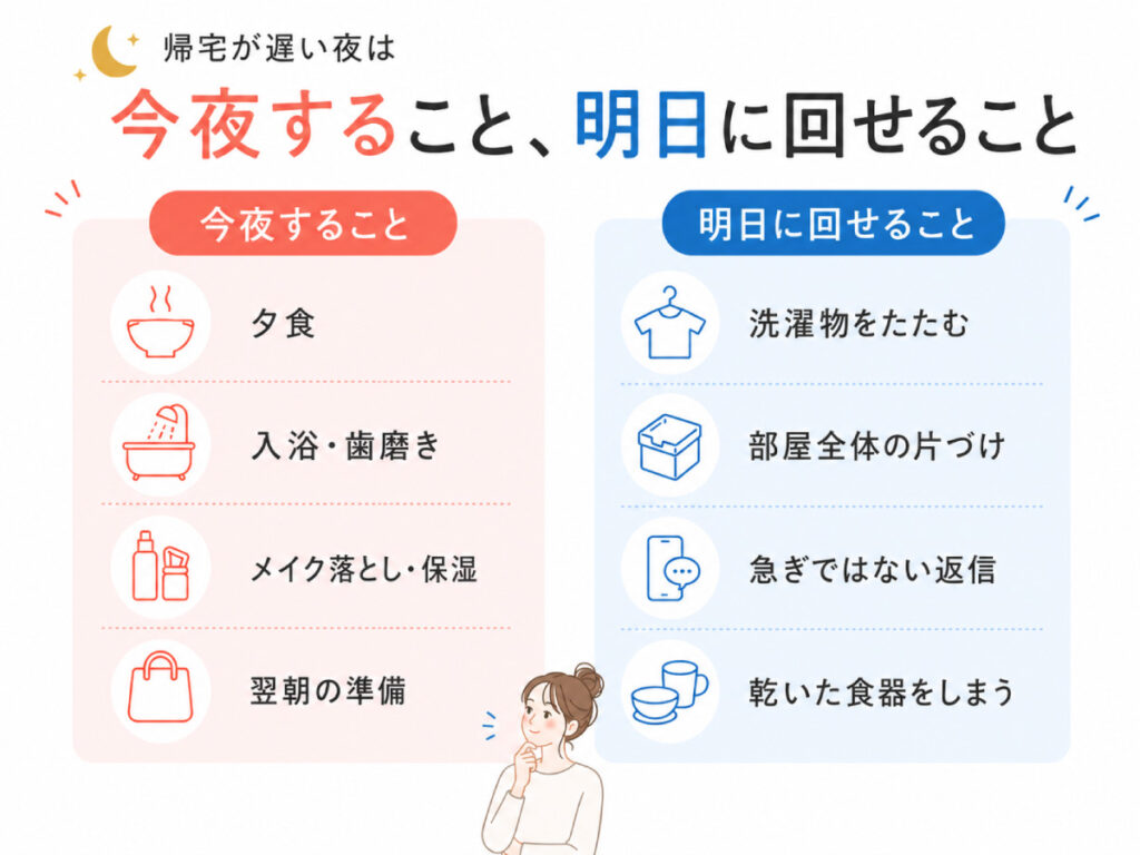 帰宅が遅い夜に、夕食や入浴は今夜行い、洗濯物や片づけは明日に回す例を示した図