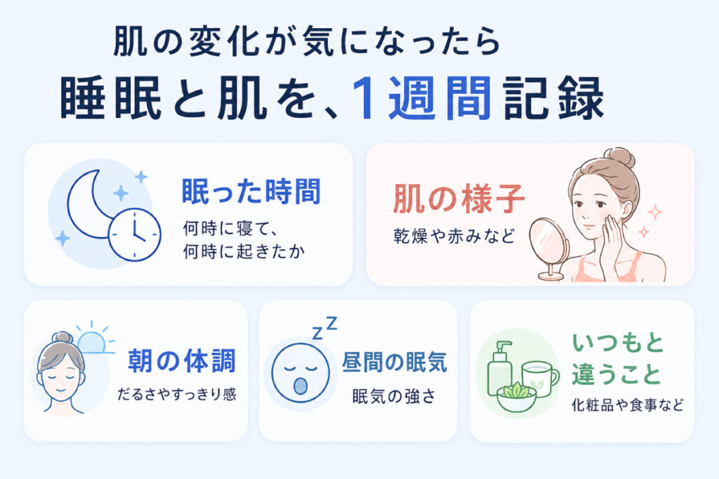 睡眠時間、朝の体調、昼間の眠気、肌の様子、普段と違うことを1週間記録する項目を示した図