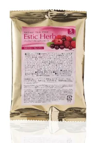 白い背景に金色の個包装が正面を向いて置かれ、ピンク色のラベルに「Estic Herb」と書かれたデトックスティーの商品写真です。