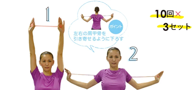白い背景で紫色のウェアを着た女性がバンドを持った両腕を頭上から左右へ開き、ダイエット運動として肩甲骨を寄せる動きを示しています。