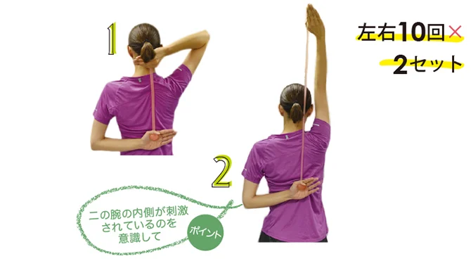 白い背景で紫色のウェアを着た女性が背中側でバンドを上下に引き、ダイエット向けの腕の引き締め運動を2段階で示しています。