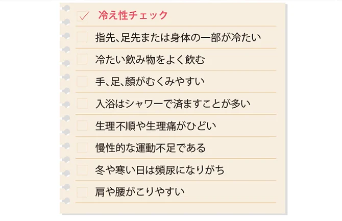 淡いベージュの用紙に手足の冷たさや運動不足、肩や腰のこりなど8項目を並べた「冷え性チェック」と書かれたチェック表です。