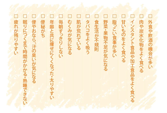淡いベージュの背景に疲れやすさや便秘、肌荒れ、不規則な食生活など、酵素不足の傾向を確認するチェック項目が縦書きで並んでいます。