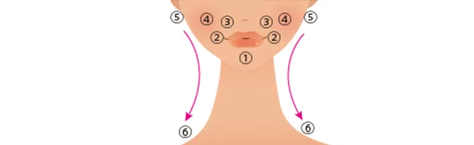 白い背景に女性の口元から首を描いたイラストがあり、あごと口の周囲を順に刺激して首の両側へ流すマッサージ手順が番号とピンク色の矢印で示されています。