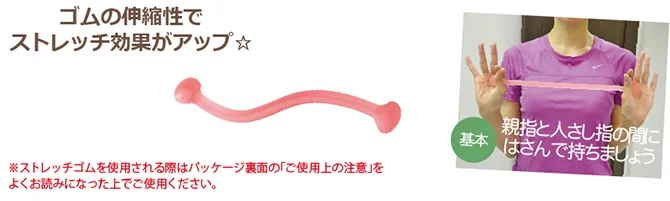 白い背景にピンク色のストレッチバンドと、親指と人差し指の間に挟んで持つ基本の使い方を示した写真が並んでいます。