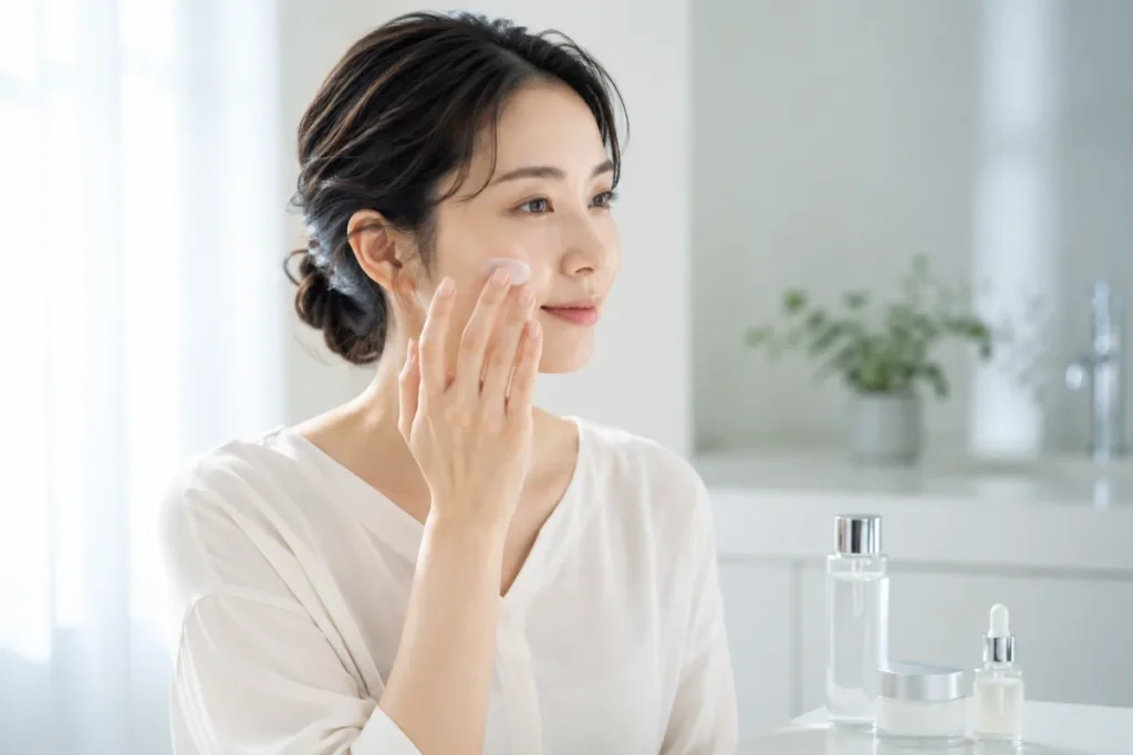 窓から光が入る明るい洗面スペースで白いブラウスを着た女性が、エイジングケアとして頬に白いクリームを指で塗っています。手前には化粧水や美容液、クリームが並び、背景に観葉植物が置かれています。