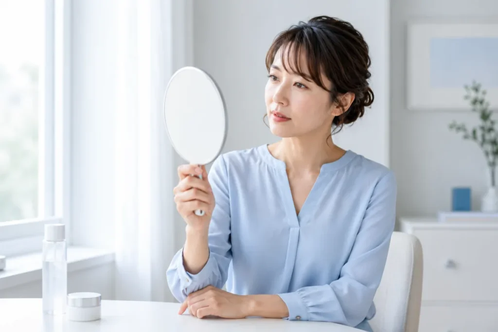 窓から光が入る明るい部屋で水色のブラウスを着た女性が白いテーブルに座り、丸い手鏡を見ながら肌の状態を確かめています。テーブルには透明なボトルと白いクリーム容器が置かれ、背景に観葉植物があります。